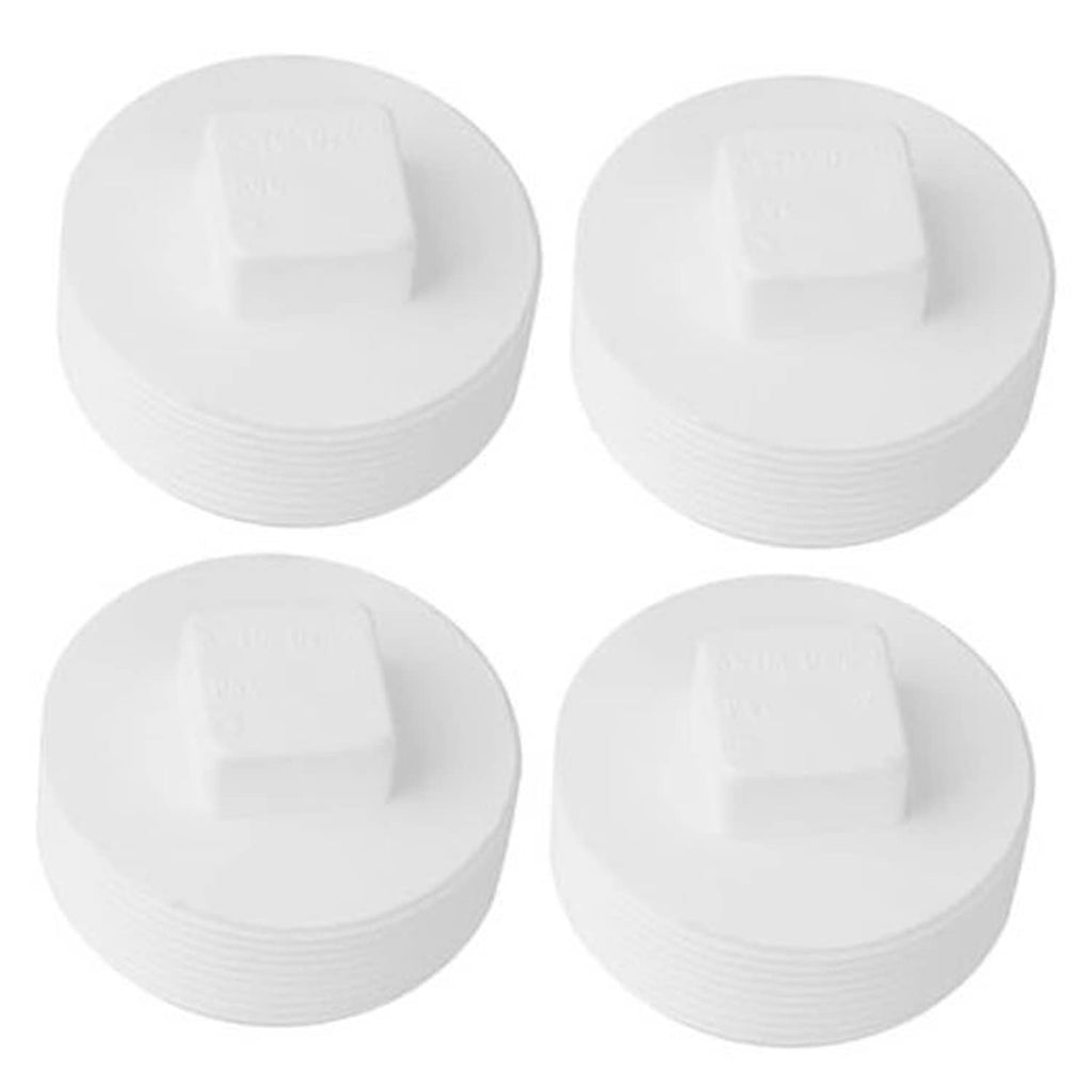 White PVC sewer cleanout plug set with square removable cap and threaded exterior
