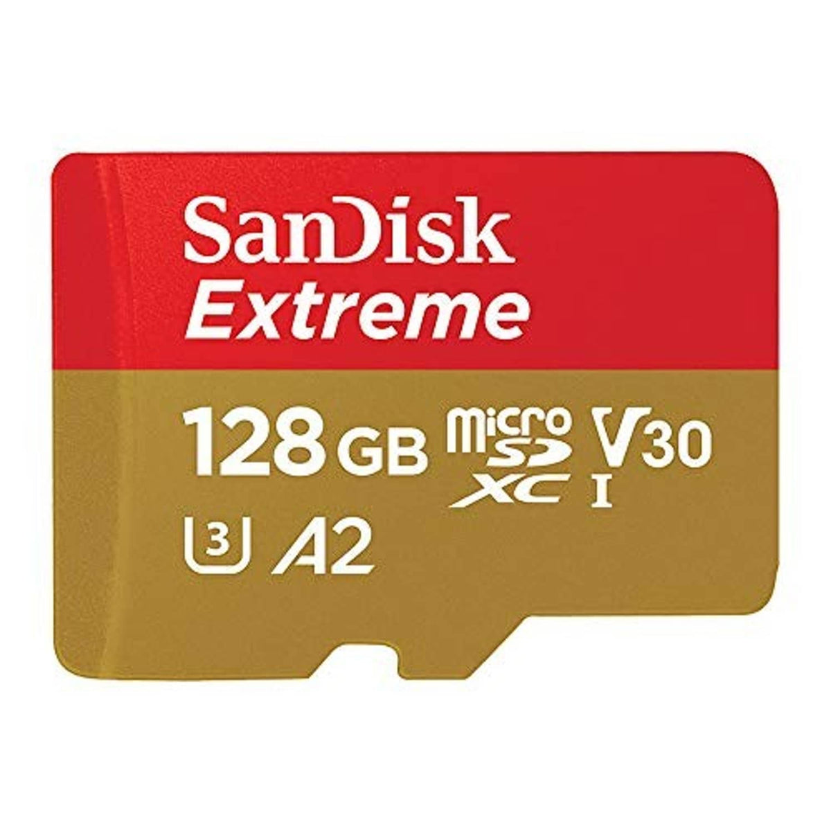 Sandisk Extreme 128GB microSDXC card, red/gold label with V30 and A2