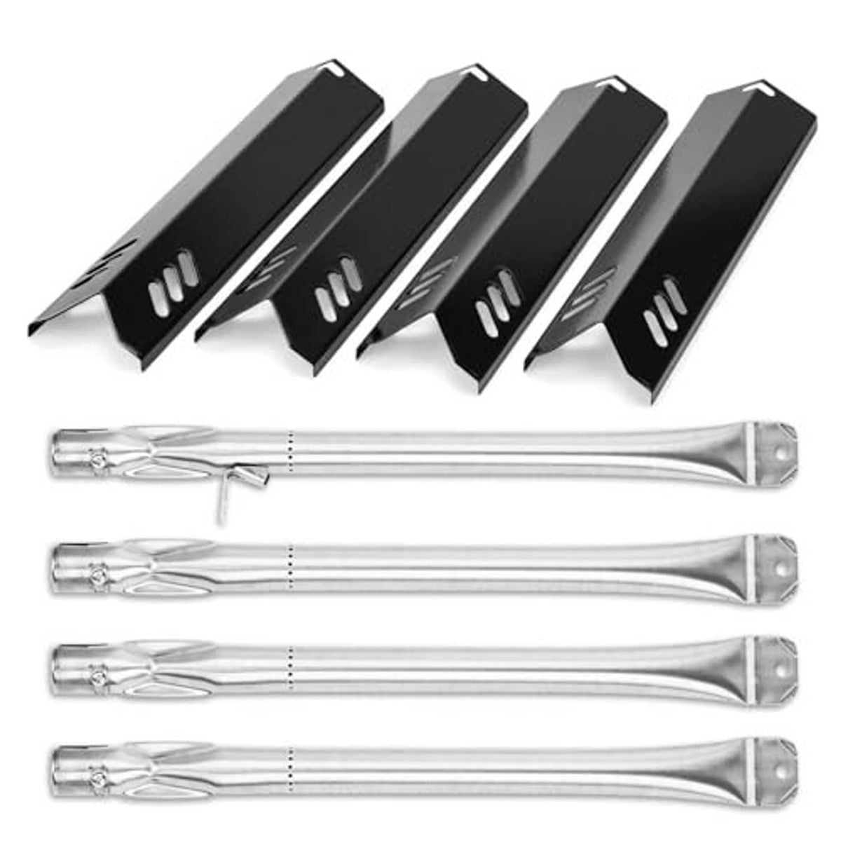 Black heat plates and silver burner tubes with bracketed ends, replacement set