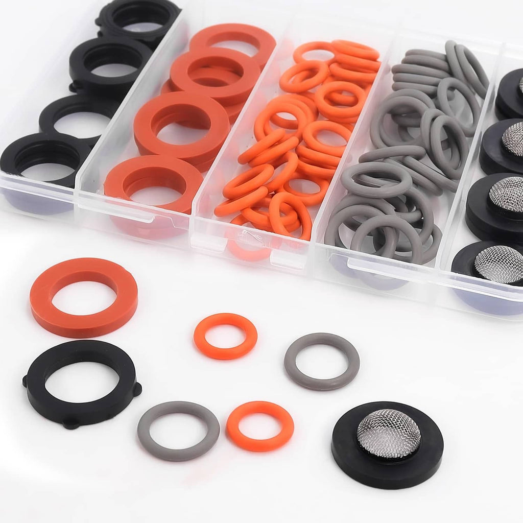 Organizer tray of pressure washer O-ring seals in black, orange, and gray