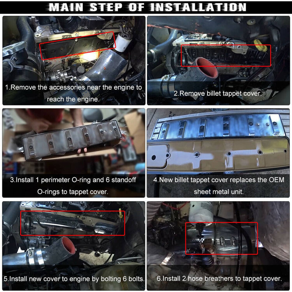Billet tappet cover installation steps showing silver cover replacement