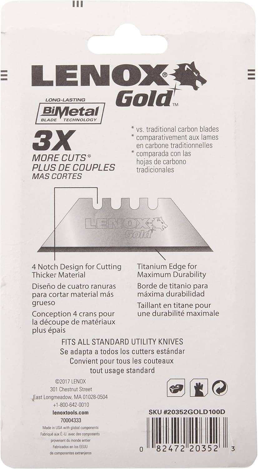 LENOX Gold blade pack backing with blade diagram and cutting info text panel