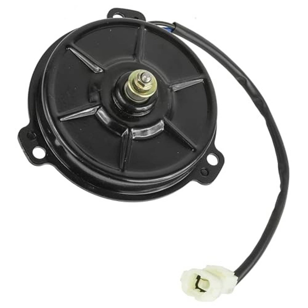Black radiator cooling fan motor angled view with white connector and mounting holes