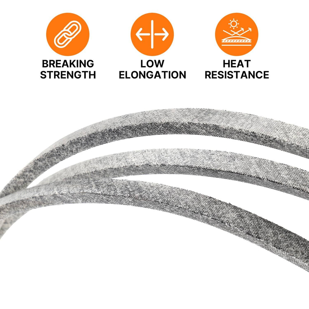 Gray V-belt close-up with performance icons for strength, elongation, and heat resistance