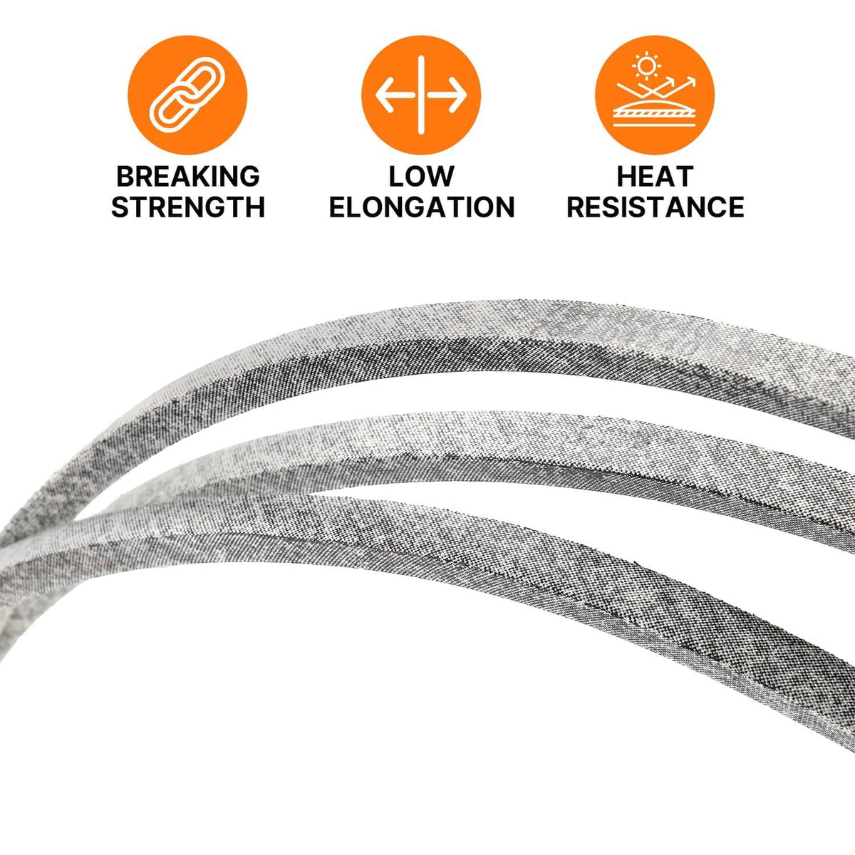 Gray V-belt close-up with performance icons for strength, elongation, and heat resistance