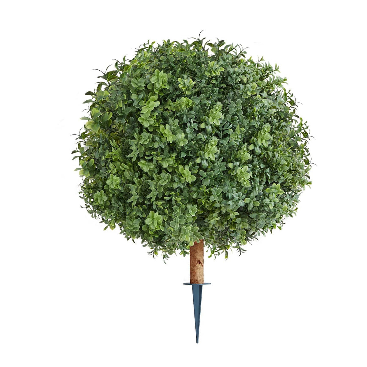 Artificial boxwood topiary tree with dense green canopy and dark ground spike