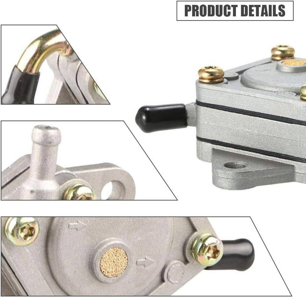 Fuel pump detail view with brass screws, black hose fittings, and circular cap