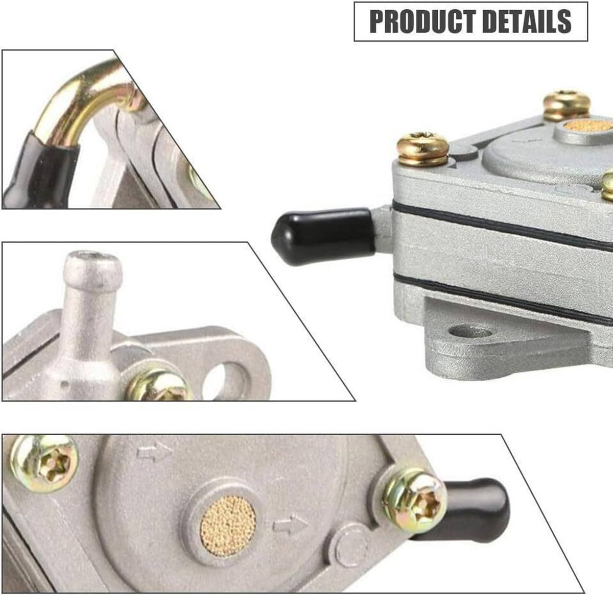 Fuel pump detail view with brass screws, black hose fittings, and circular cap