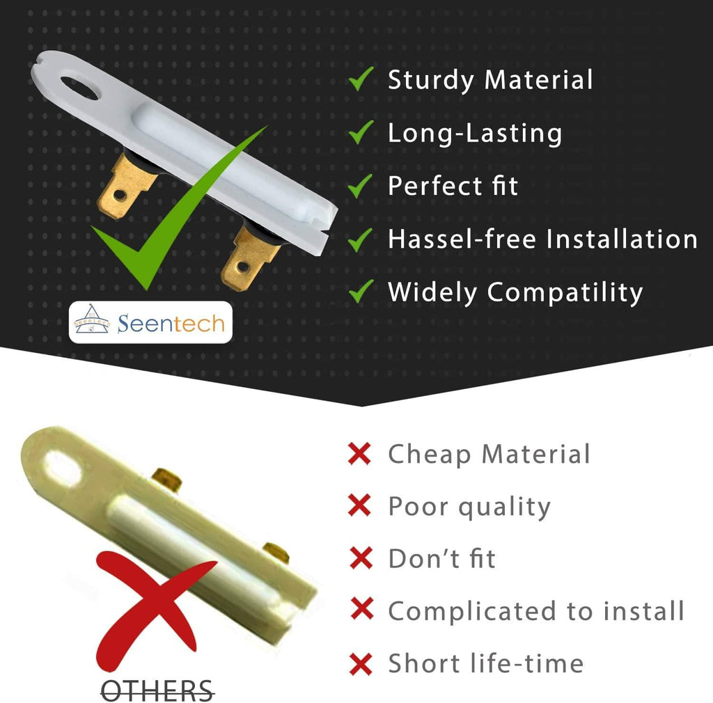 Dryer replacement part with white base and brass terminals on short black connectors