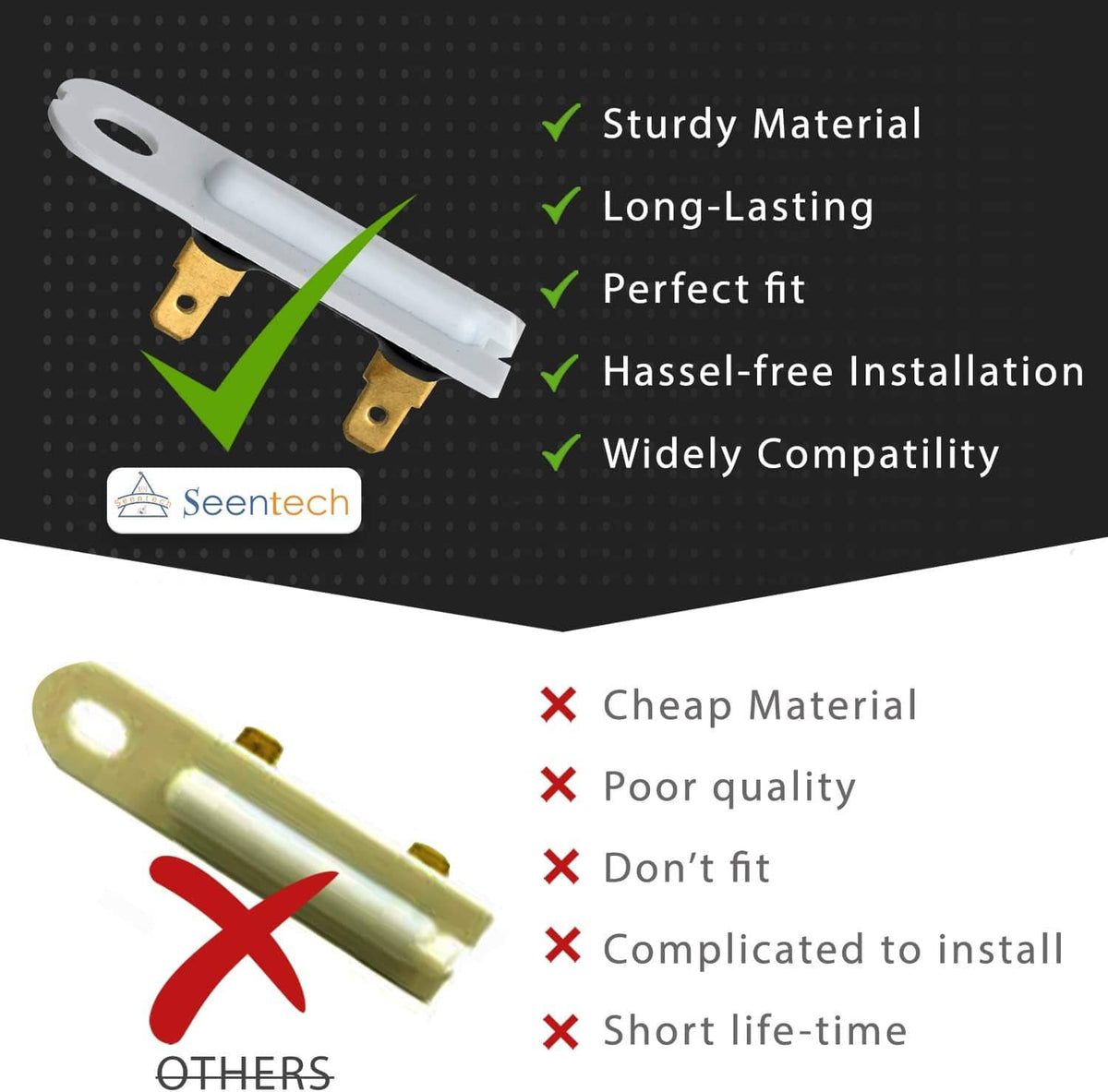 Dryer replacement part with white base and brass terminals on short black connectors