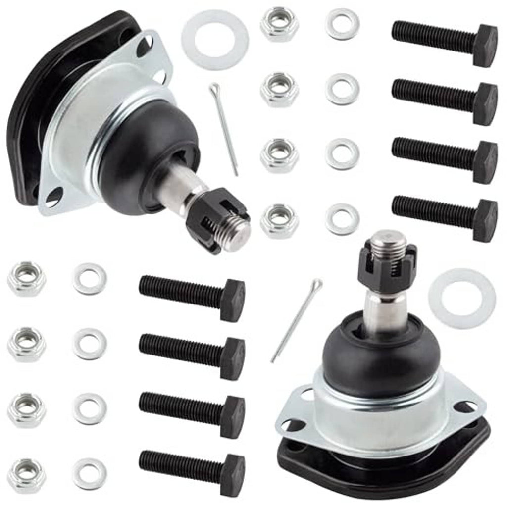 Ball joint assembly with black boot, silver stud, flanged base, and bolts