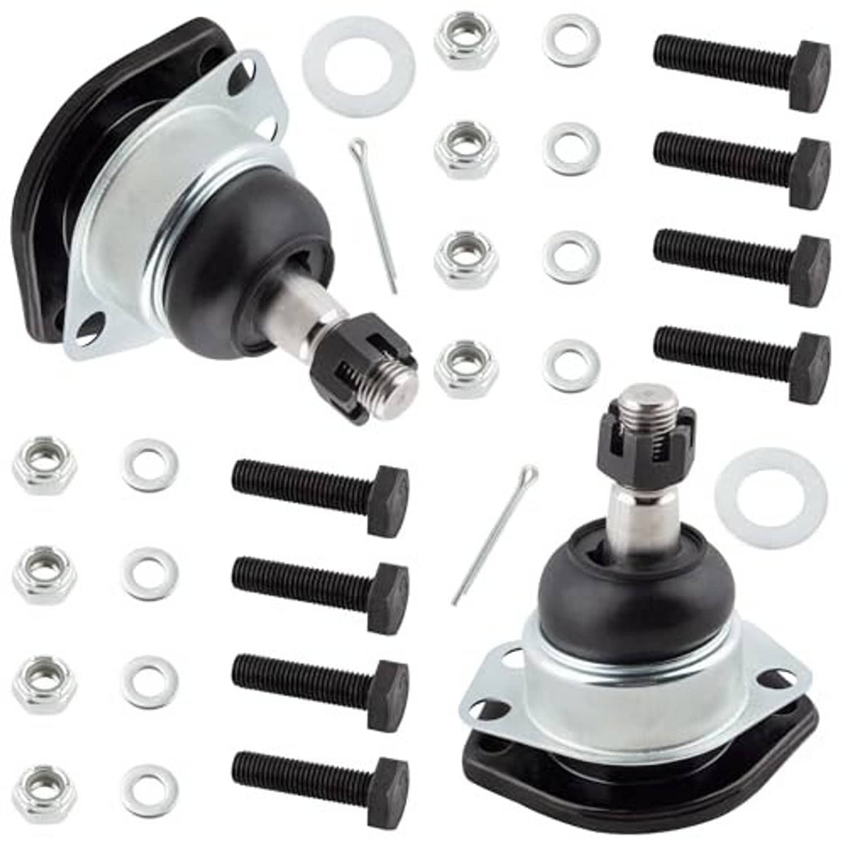 Ball joint assembly with black boot, silver stud, flanged base, and bolts