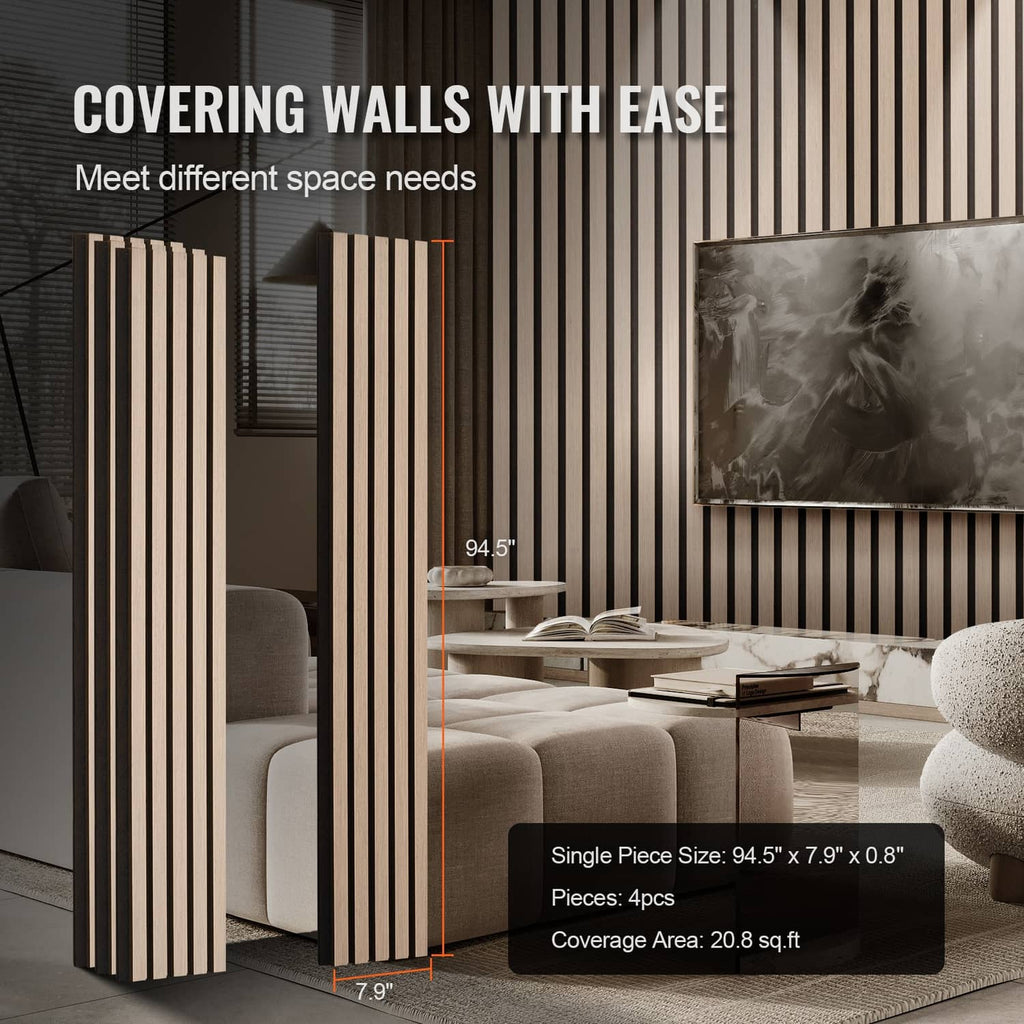 Wood slat acoustic panel arrangement on wall with size indicator overlay