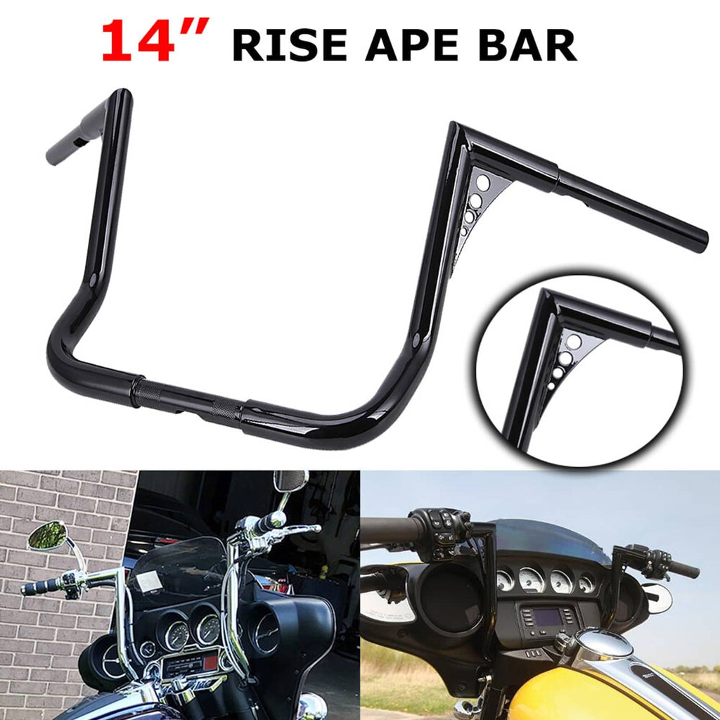 14 in rise ape handlebars in black with drilled mounting plates