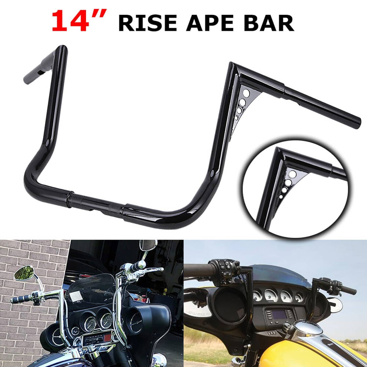 14 in rise ape handlebars in black with drilled mounting plates
