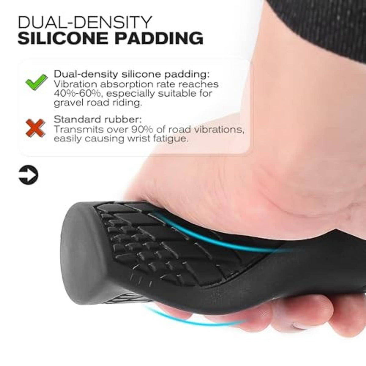 Dual-density bike grip with silicone padding and contoured anti-slip texture for comfort