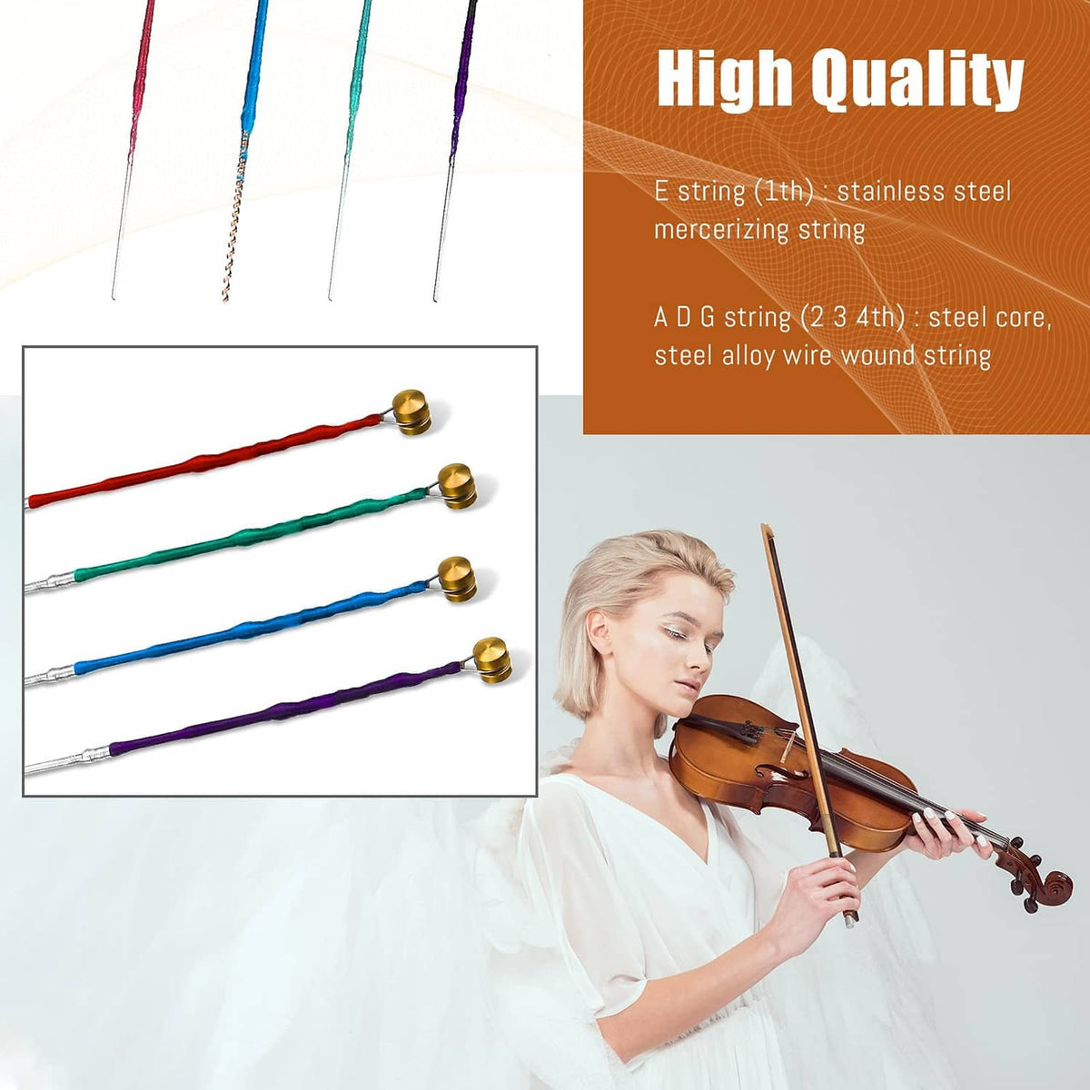 Violin strings bundle with colored windings and gold end caps, shown in a set