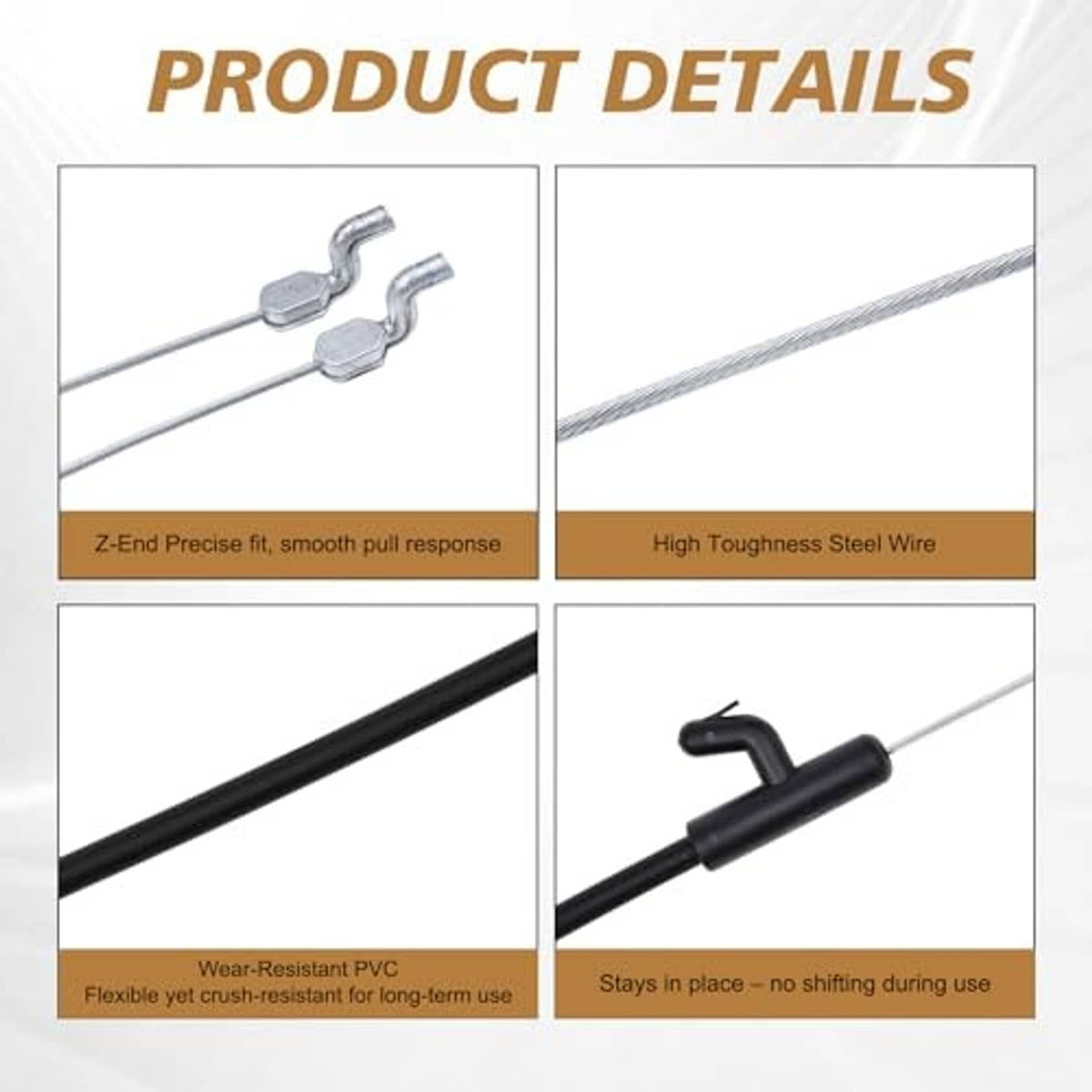 Control cable with metal Z-end clips and black outer housing detail