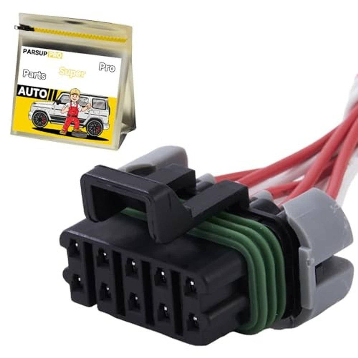 Auto headlight connector plug with red wire leads, black socket, green pin insert