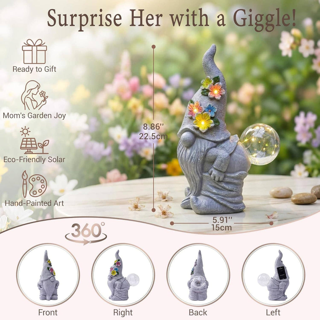 Gray solar garden gnome statue with flower LEDs and glowing bubble light, full view