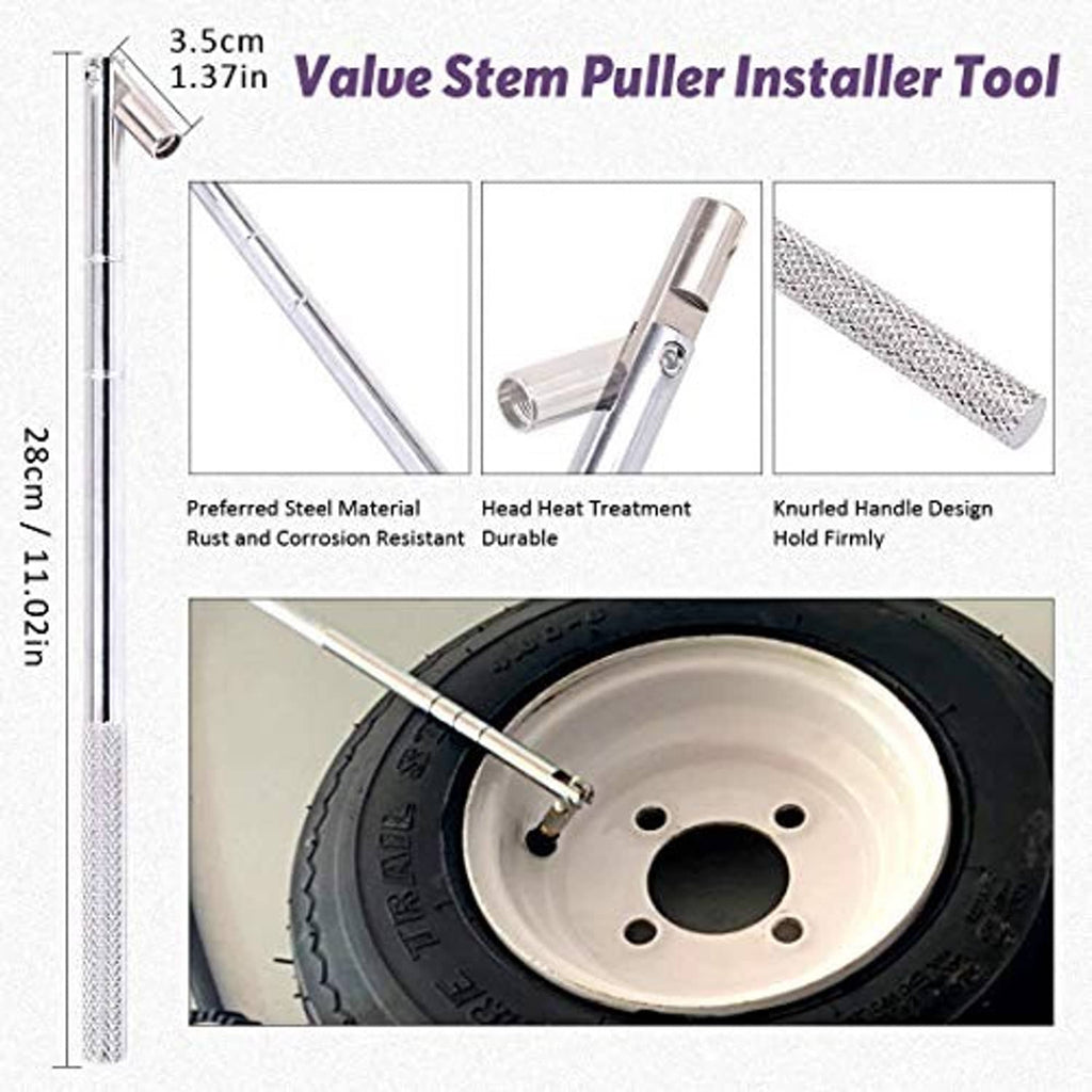 Valve stem puller installer tool with knurled metal handle and long steel shaft