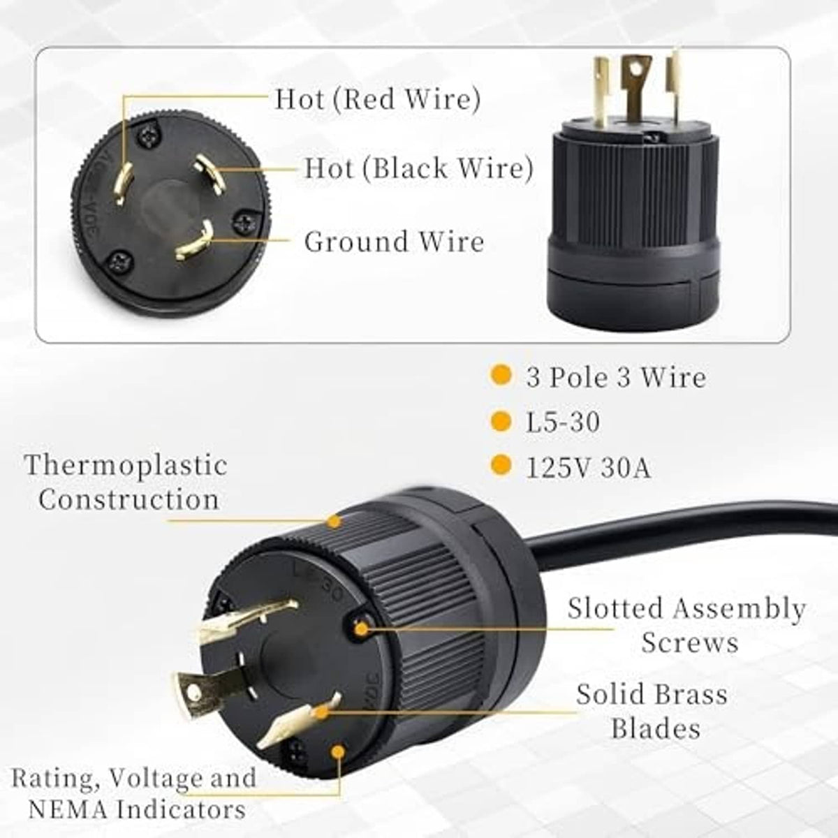 Industrial twist-lock male plug with three brass terminal blades and black slotted housing