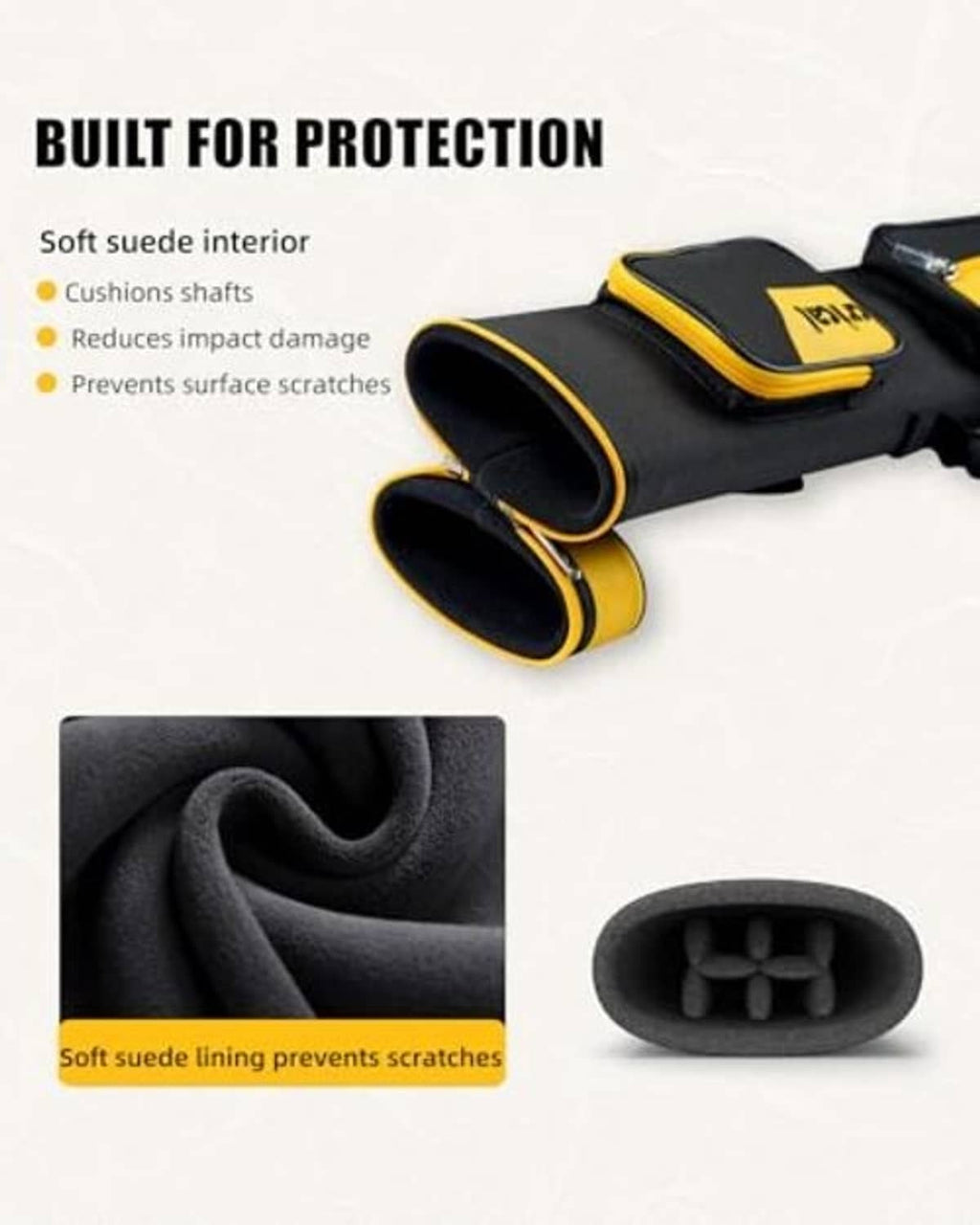 Black and yellow pool cue case with soft suede interior lining and two cue tube openings