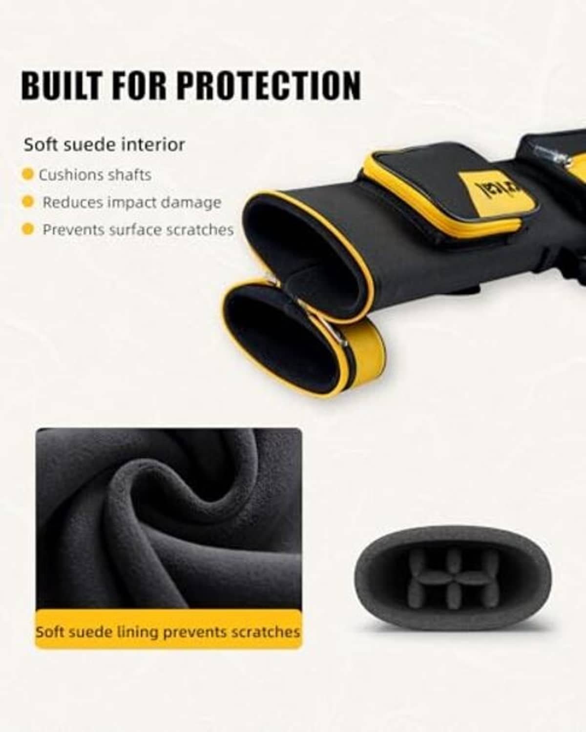 Black and yellow pool cue case with soft suede interior lining and two cue tube openings