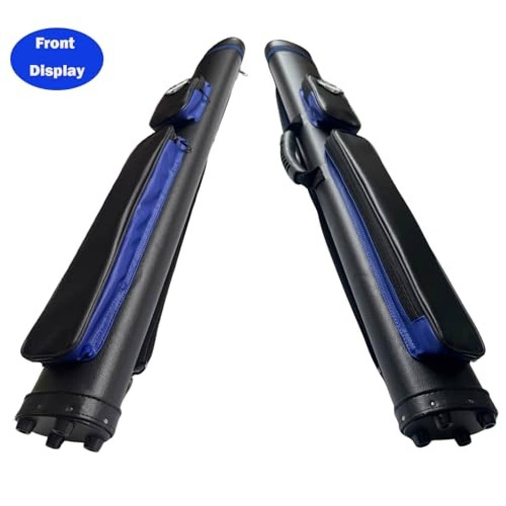 Pair of black hard-shell cue cases showing blue-lined interior sleeves