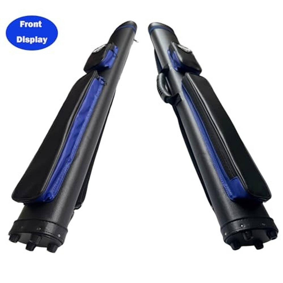 Pair of black hard-shell cue cases showing blue-lined interior sleeves