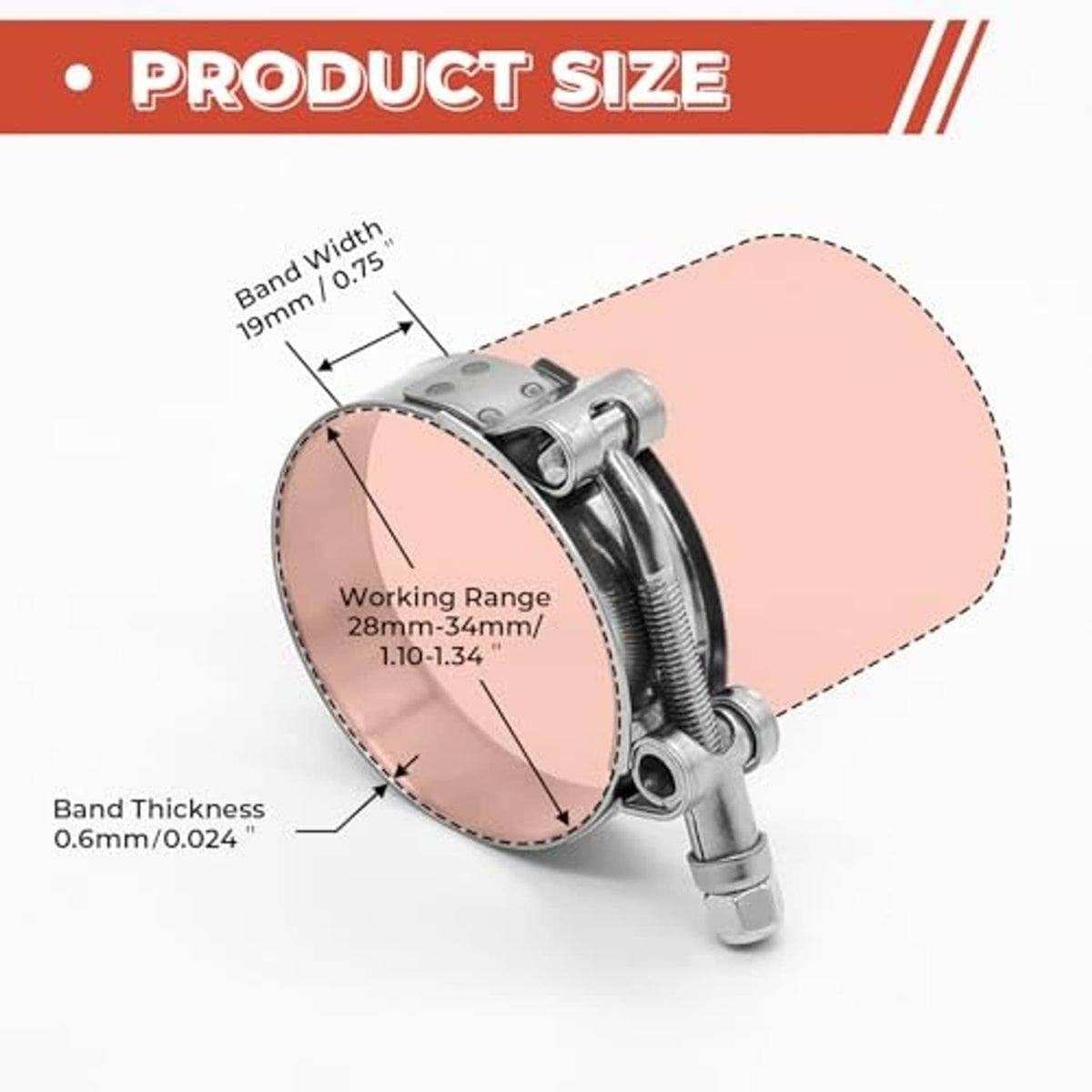 Stainless T-bolt hose clamp, silver band and T-bolt screw housing with nut