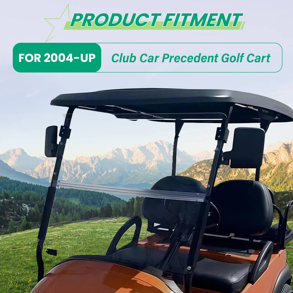 Clear windshield with black mounting frame on a golf cart