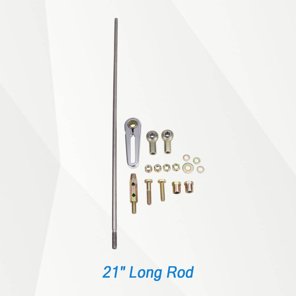 Universal column shift linkage kit with 21-in long rod, brackets, and bolt hardware
