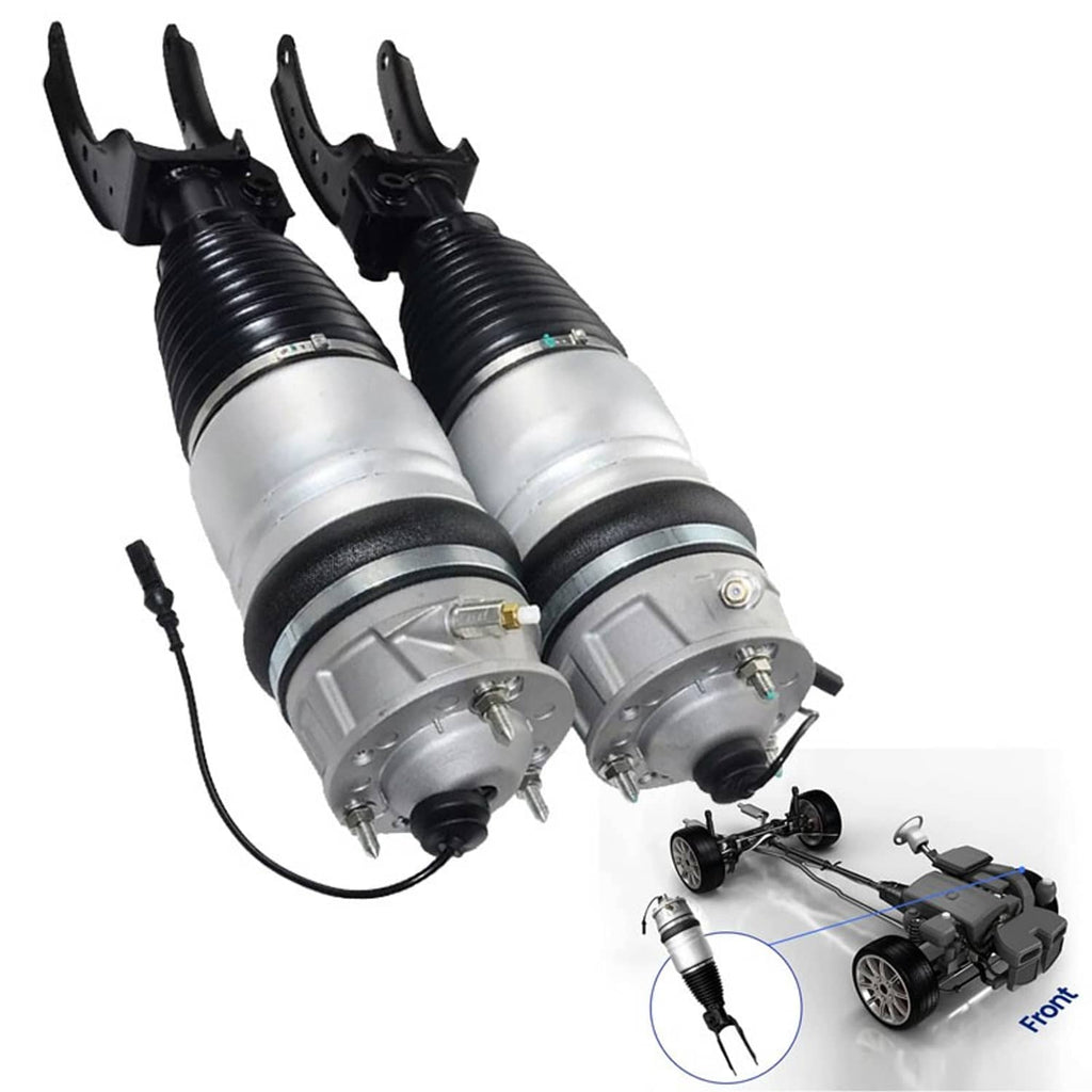 Pair of silver/black air suspension shock struts with coil springs and mounting brackets
