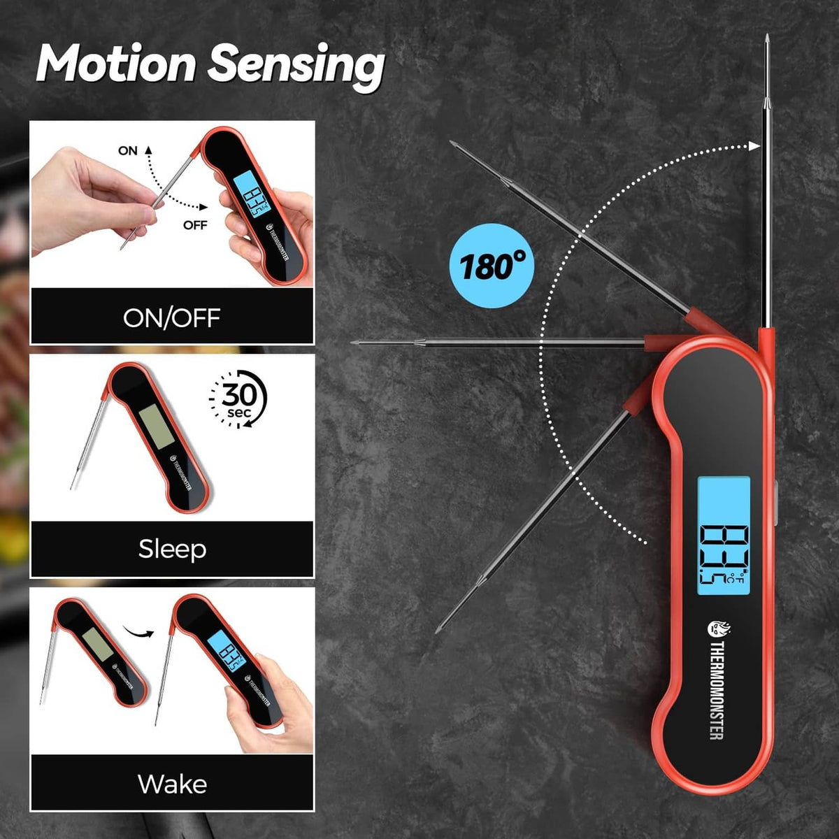 Red digital meat thermometer with motion-sensing sleep/wake icons and blue LCD