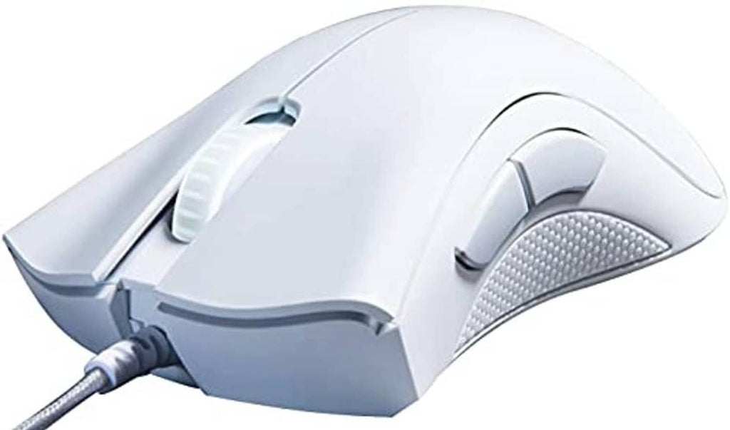 Mercury white wired gaming mouse angled view with side buttons and textured side grip.