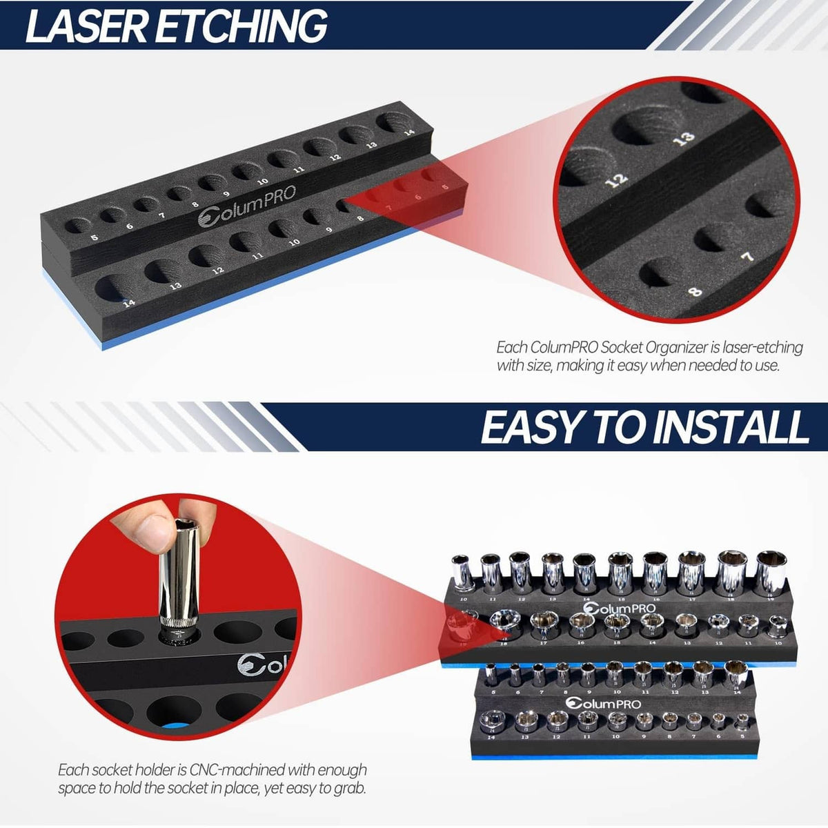 Black laser-etched foam socket organizer tray with precise round openings