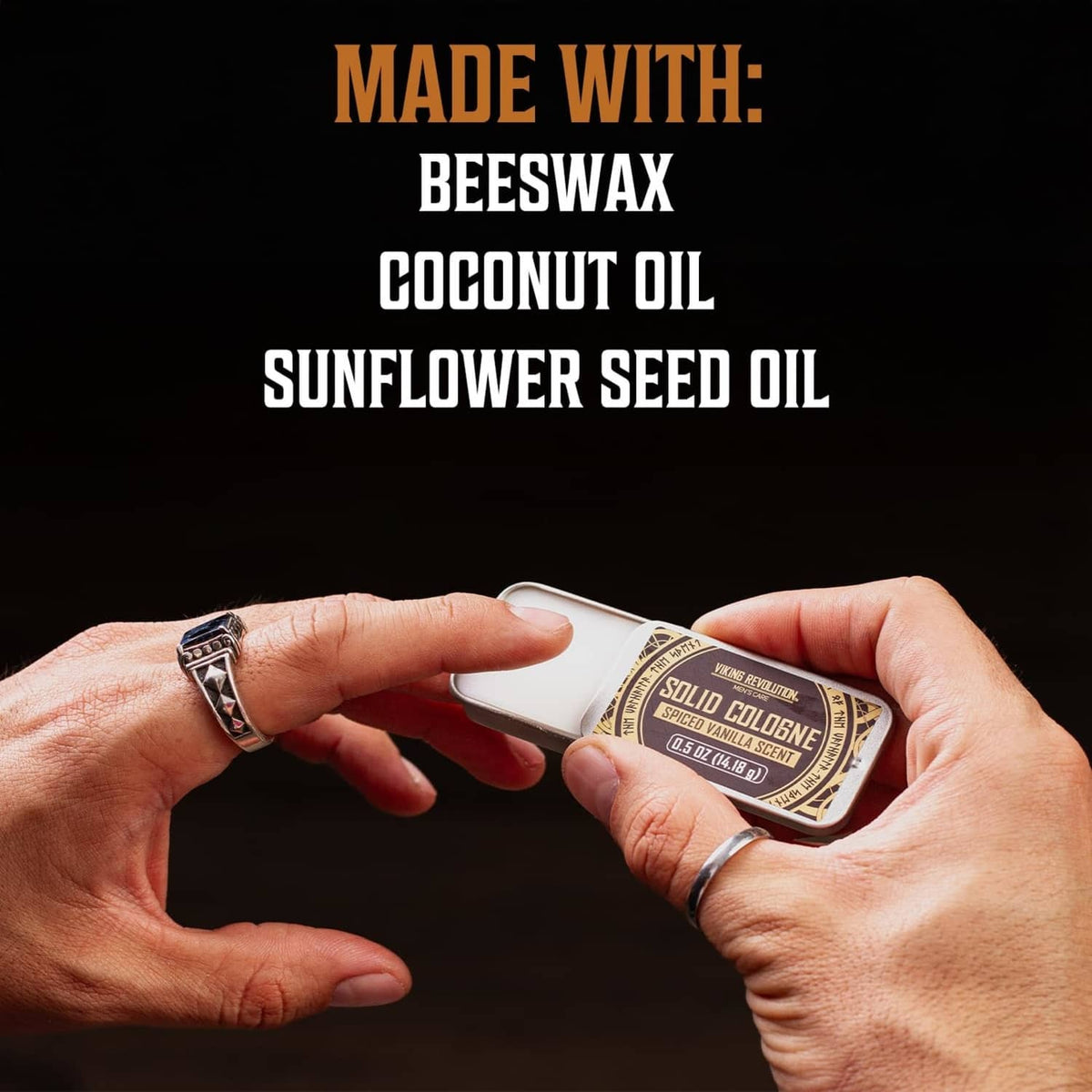 Hands holding a small solid cologne tin with open lid
