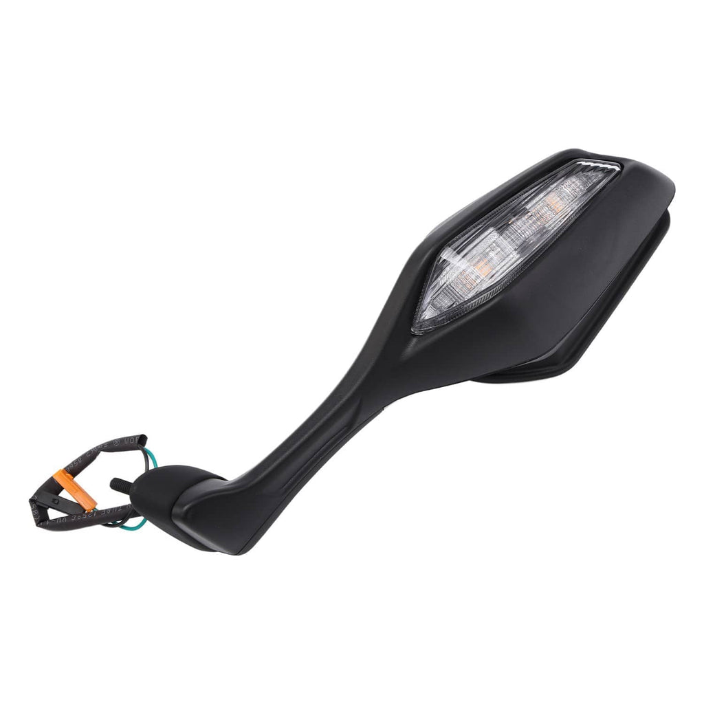 Black motorcycle rearview mirror with LED turn signal lens and wiring connector