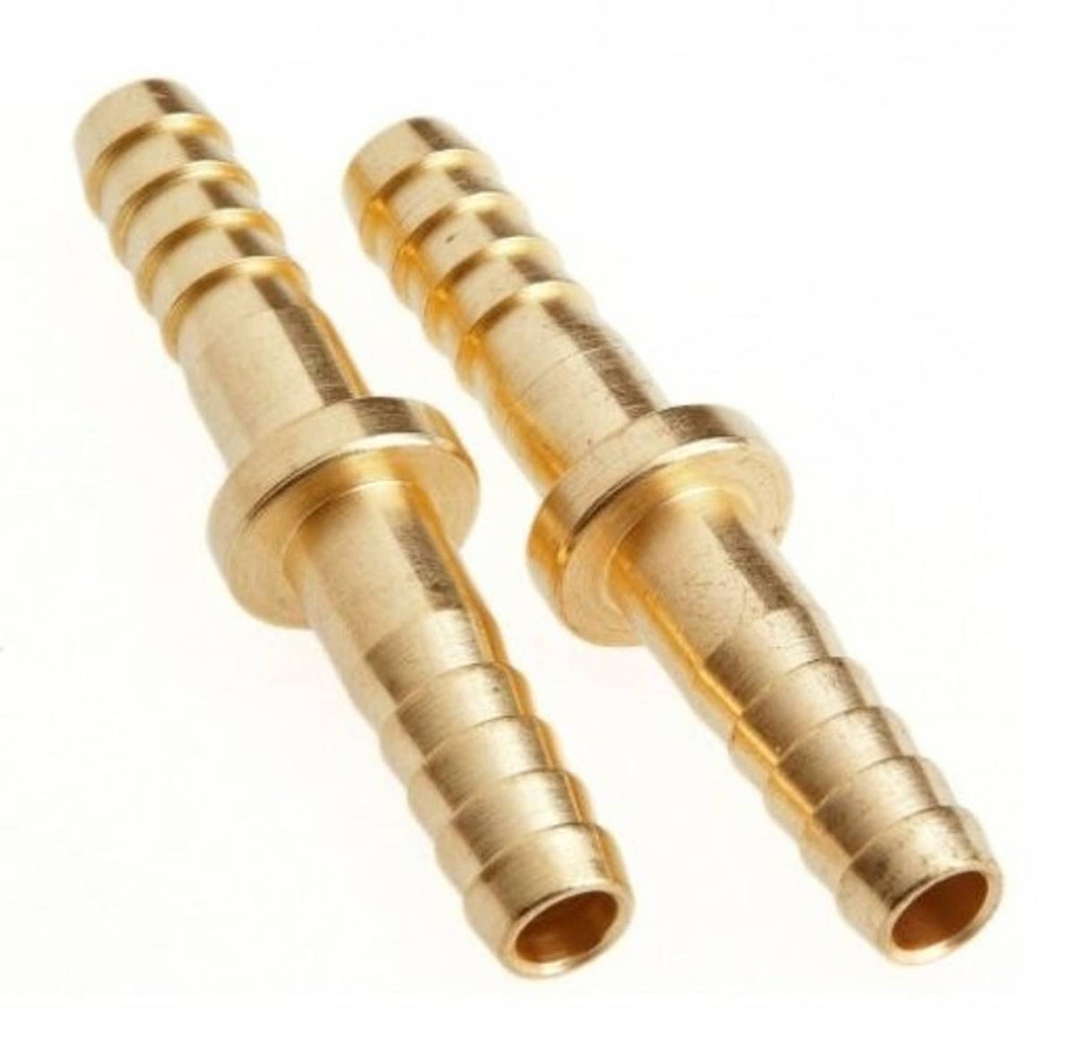 Brass barbed connector tubes for hose splicing, close-up