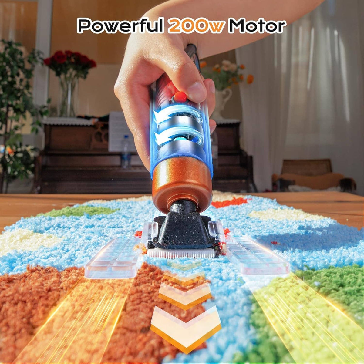 Carpet tufting trimmer cutting on blue tufted rug with tool head and guide base