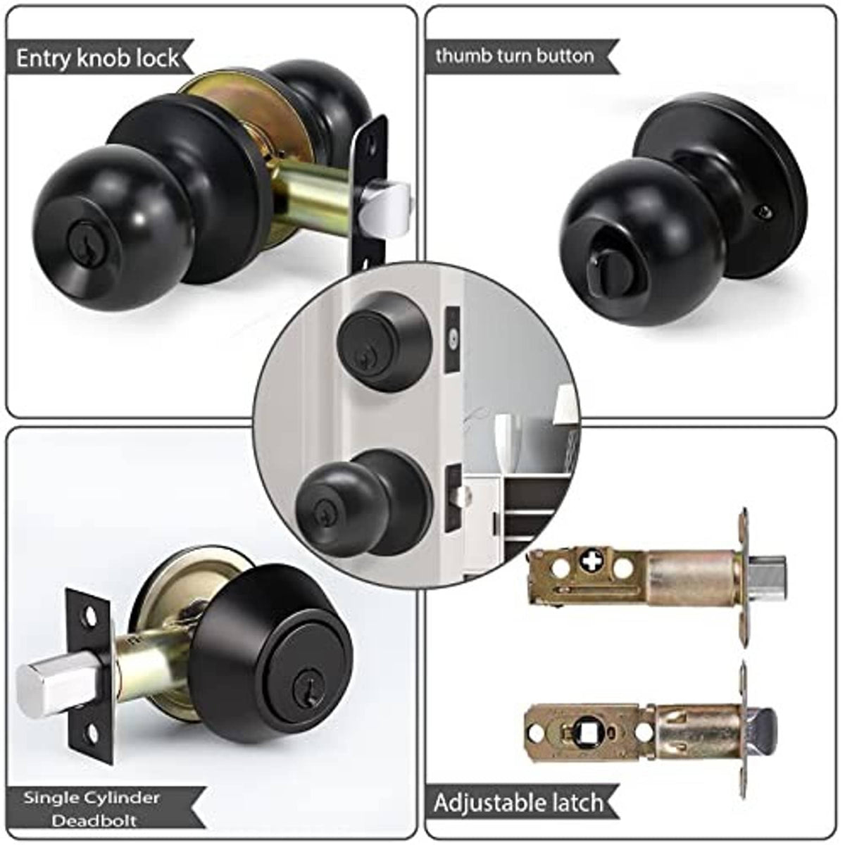 Matte black exterior deadbolt lock set with thumb-turn and entry knob details