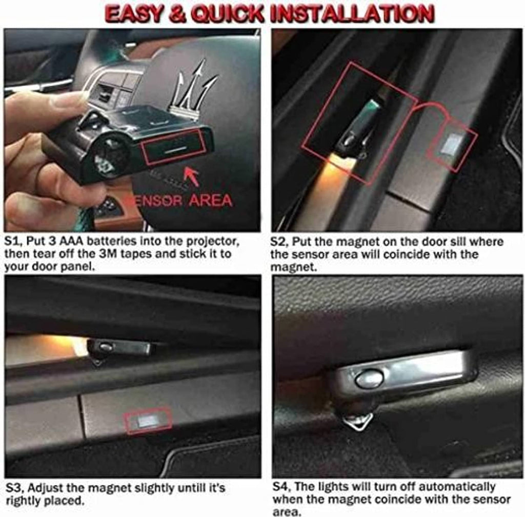 Car door light projector installation steps with magnet placement and battery setup