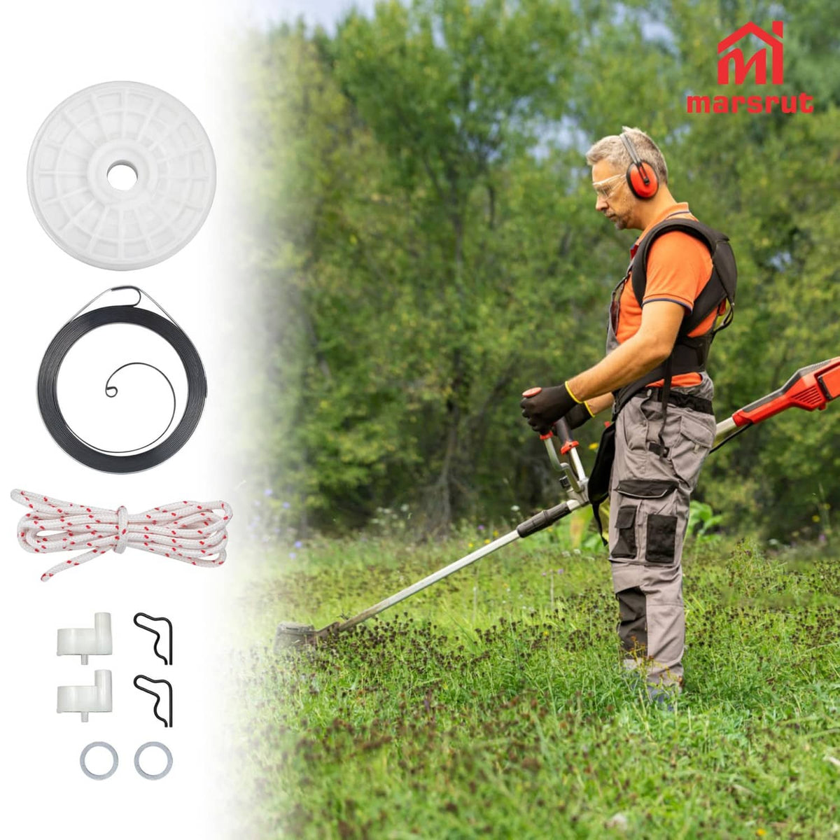 Recoil starter pulley spring assembly kit shown with trimmer use and included parts