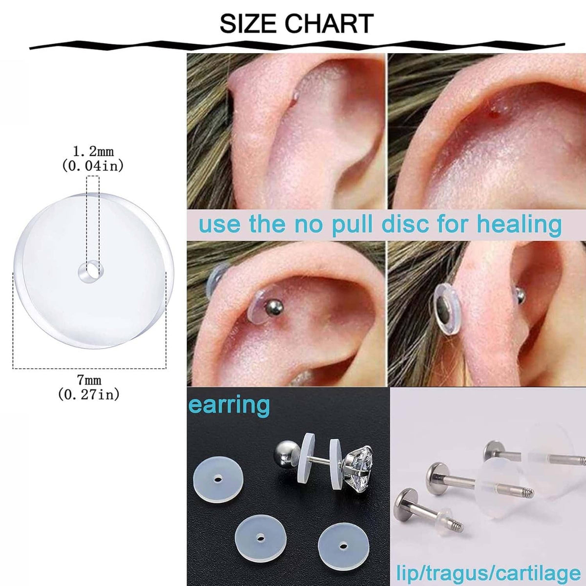 Opal stud earrings with piercing discs shown on a size chart graphic