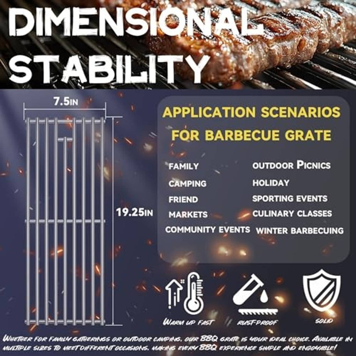 Stainless steel BBQ grill grate with rod grid spacing for cooking