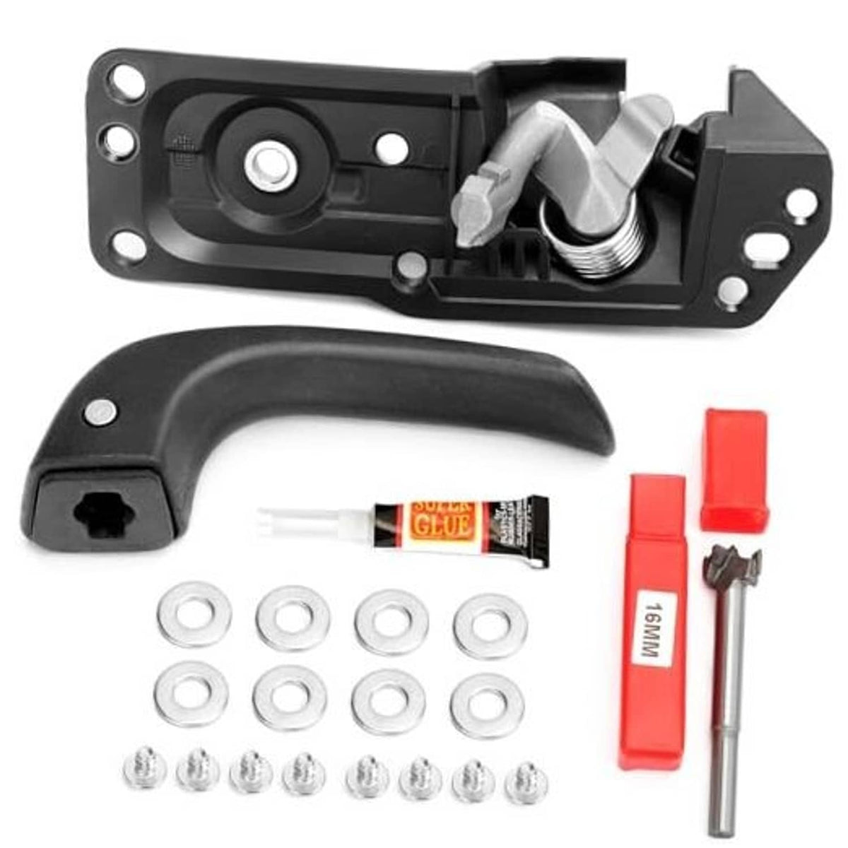 Left interior door handle kit with latch, spring, screws and washers, black plastic