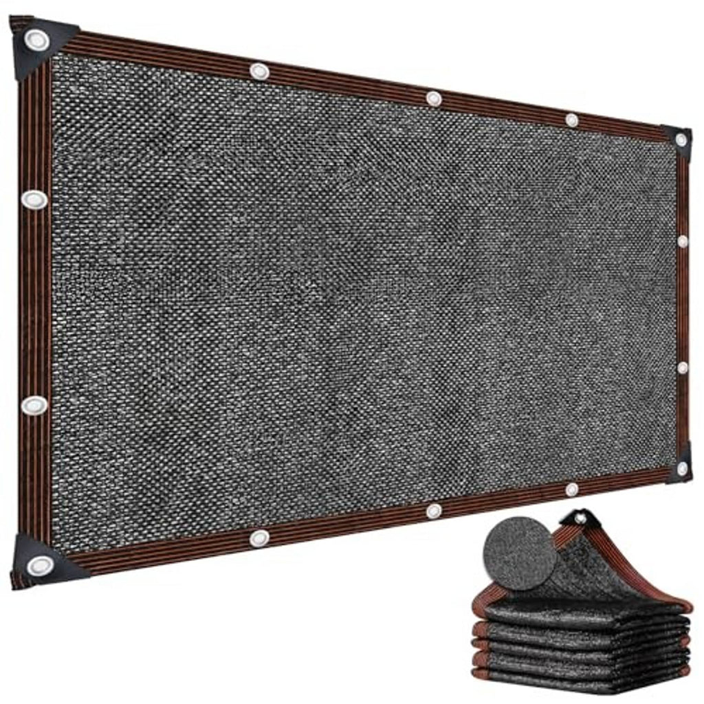 HDPE shade cloth tarp with dark gray mesh and brown frame, grommets, plus folded stack
