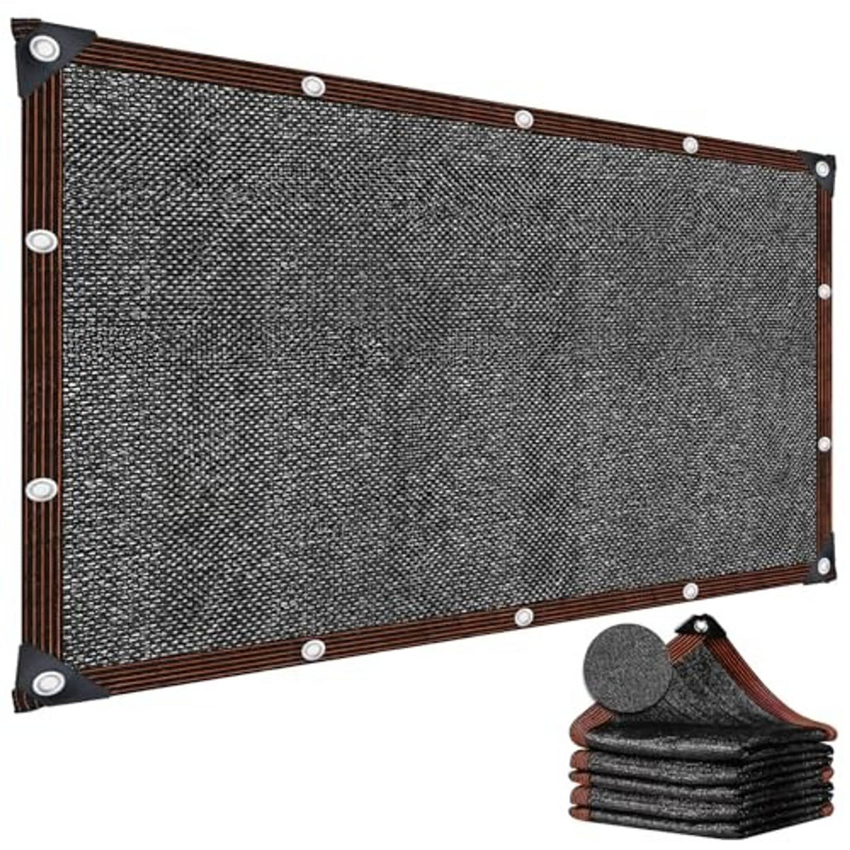 HDPE shade cloth tarp with dark gray mesh and brown frame, grommets, plus folded stack