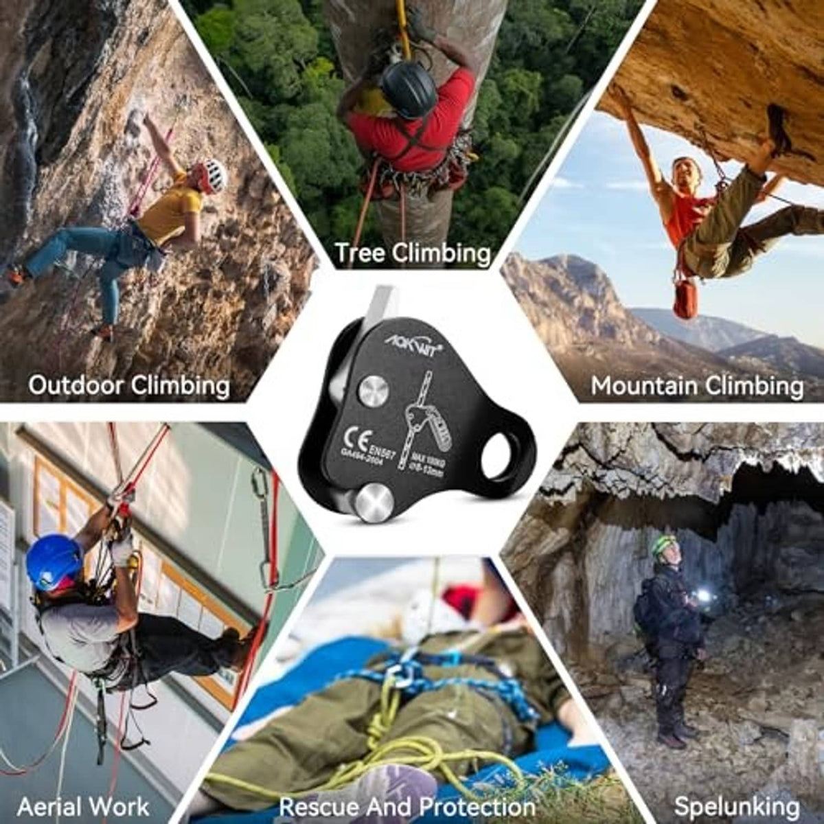Black rope grab belay device on red rope with silver locking connector